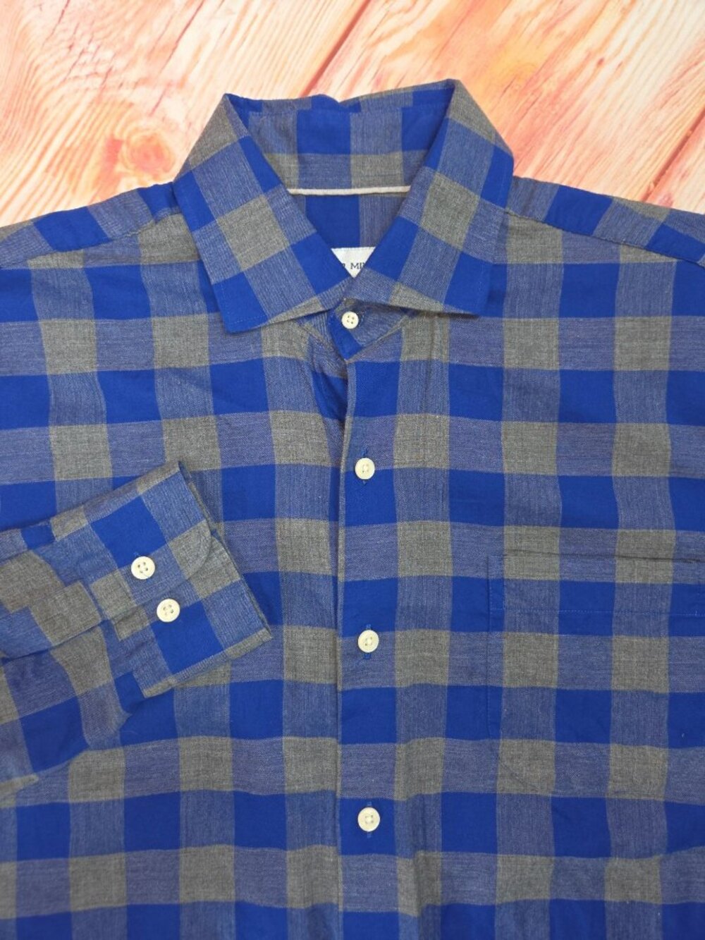 Peter Millar Mens Long Sleeve Blue Plaid Button-Up Shirt Medium